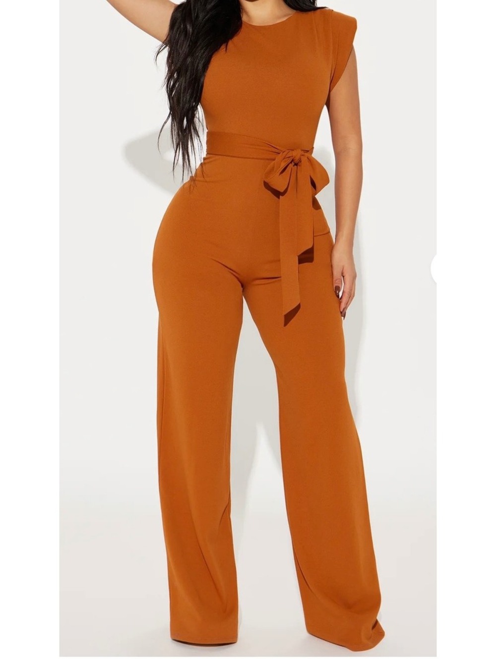 New Fashion Nova Rust Orange Sleeveless Wide Leg Jumpsuit with Tie Waist, Size M